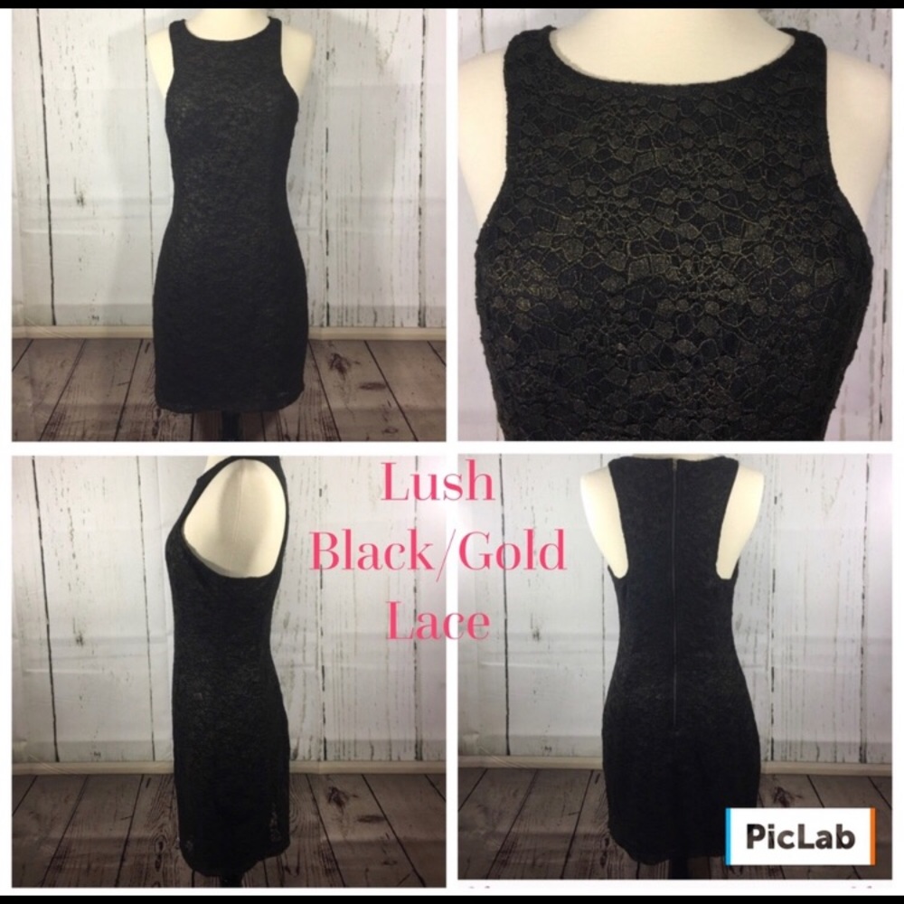 Lush NWOT Black/Gold Lace Fully Lined Dress - Picture 2 of 5